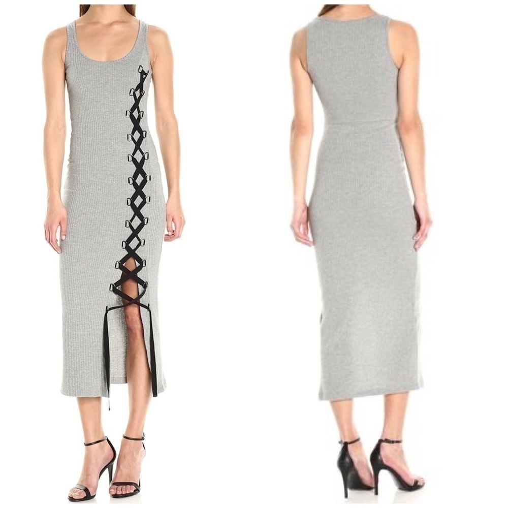 French Connection Tommy Grey Ribbed Lace Up Side Bodycon Midi Dress Size Large